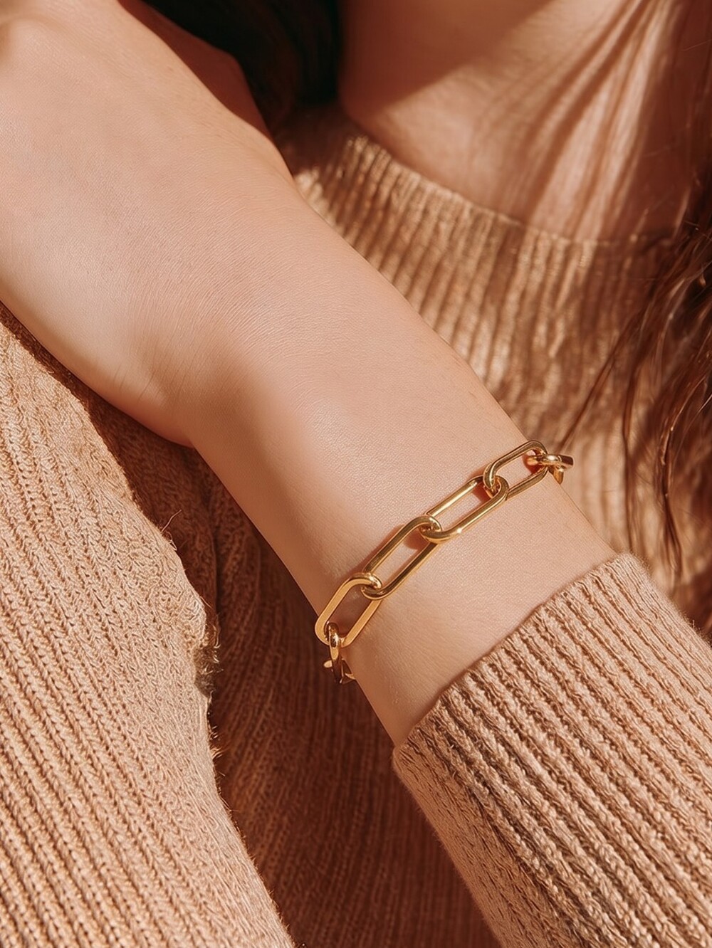 Gold Paperclip Chain Bracelet 6mm Adjustable Stainless Steel Link Bold Stackable